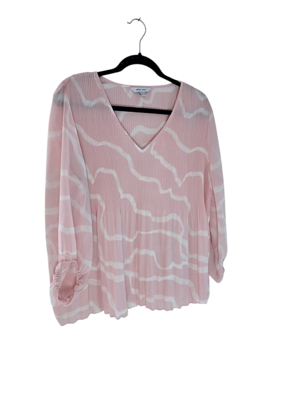 Nine West Pink & White V-Neck Pleated Tunic Top 3/4  Sleeve Med